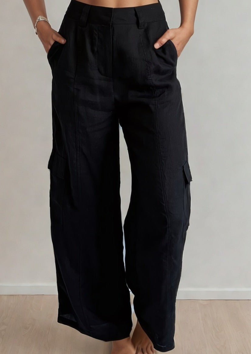 90s vintage women's black linen store cargo pants