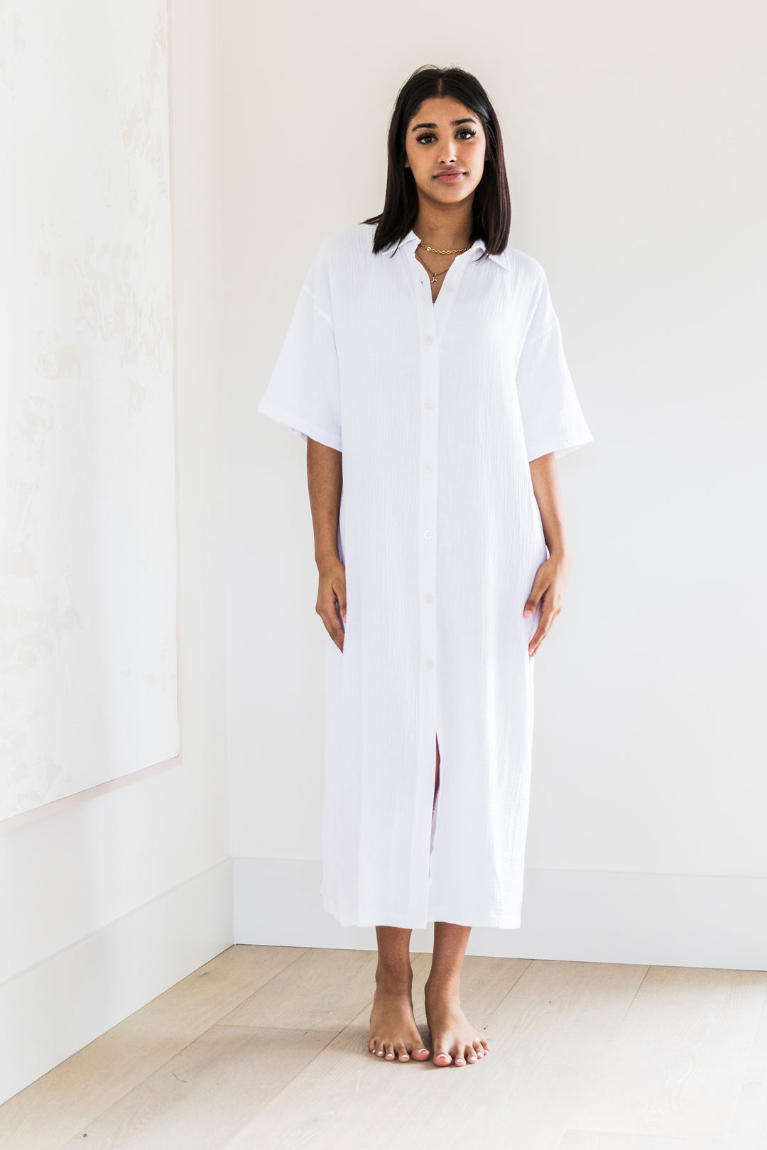 Mori Button Up Dress in White