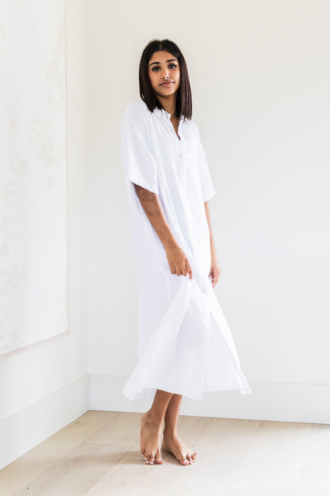 Mori Button Up Dress in White