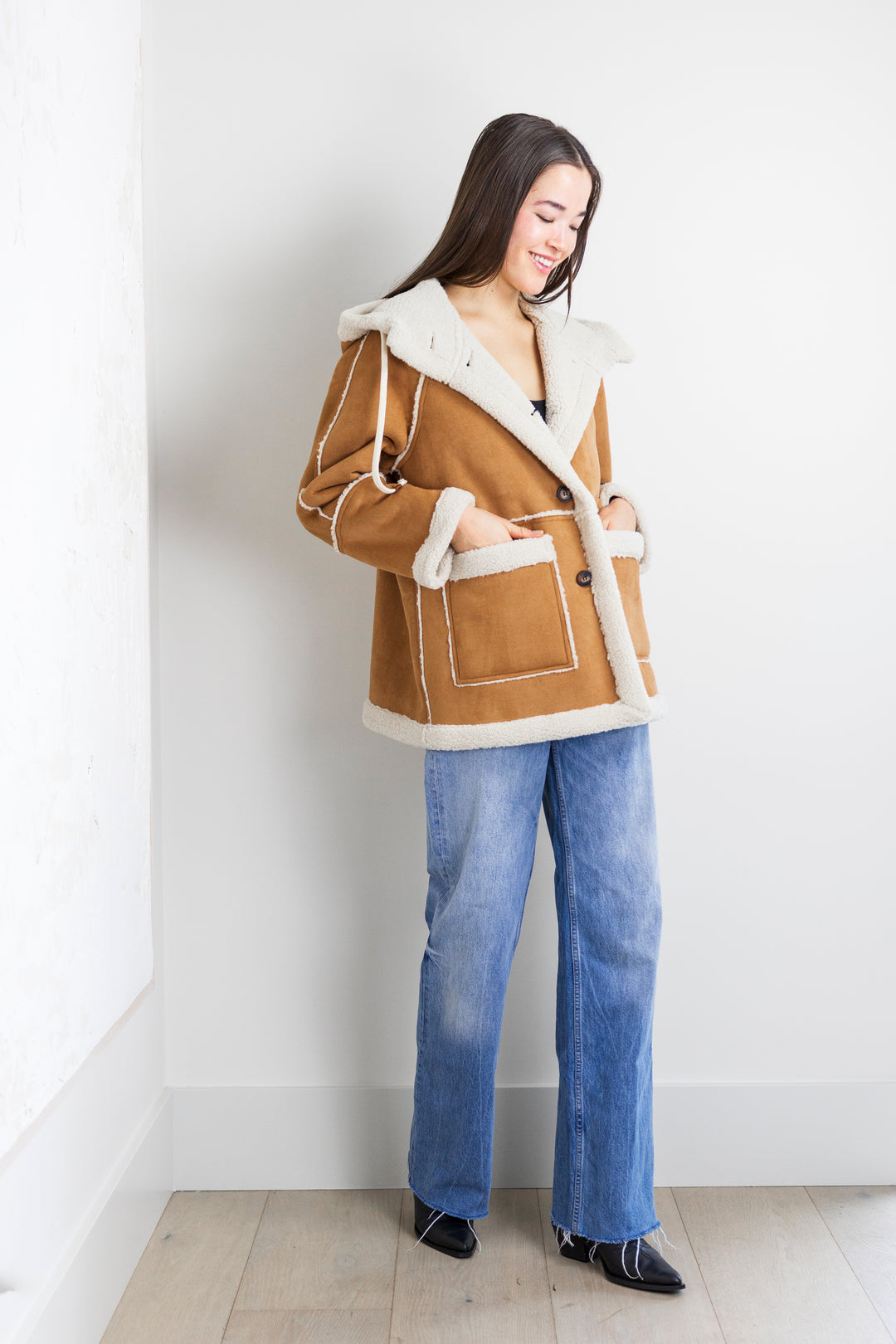 Daphne Button Down Hooded Coat in Camel