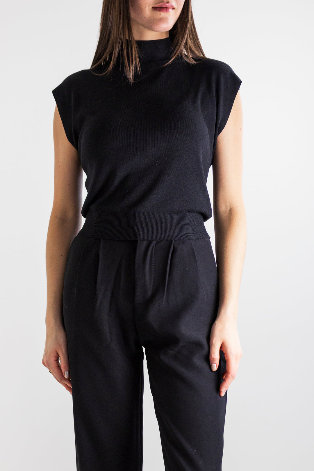 Mable Mock Neck Cap Sleeve Silky Knit in Black