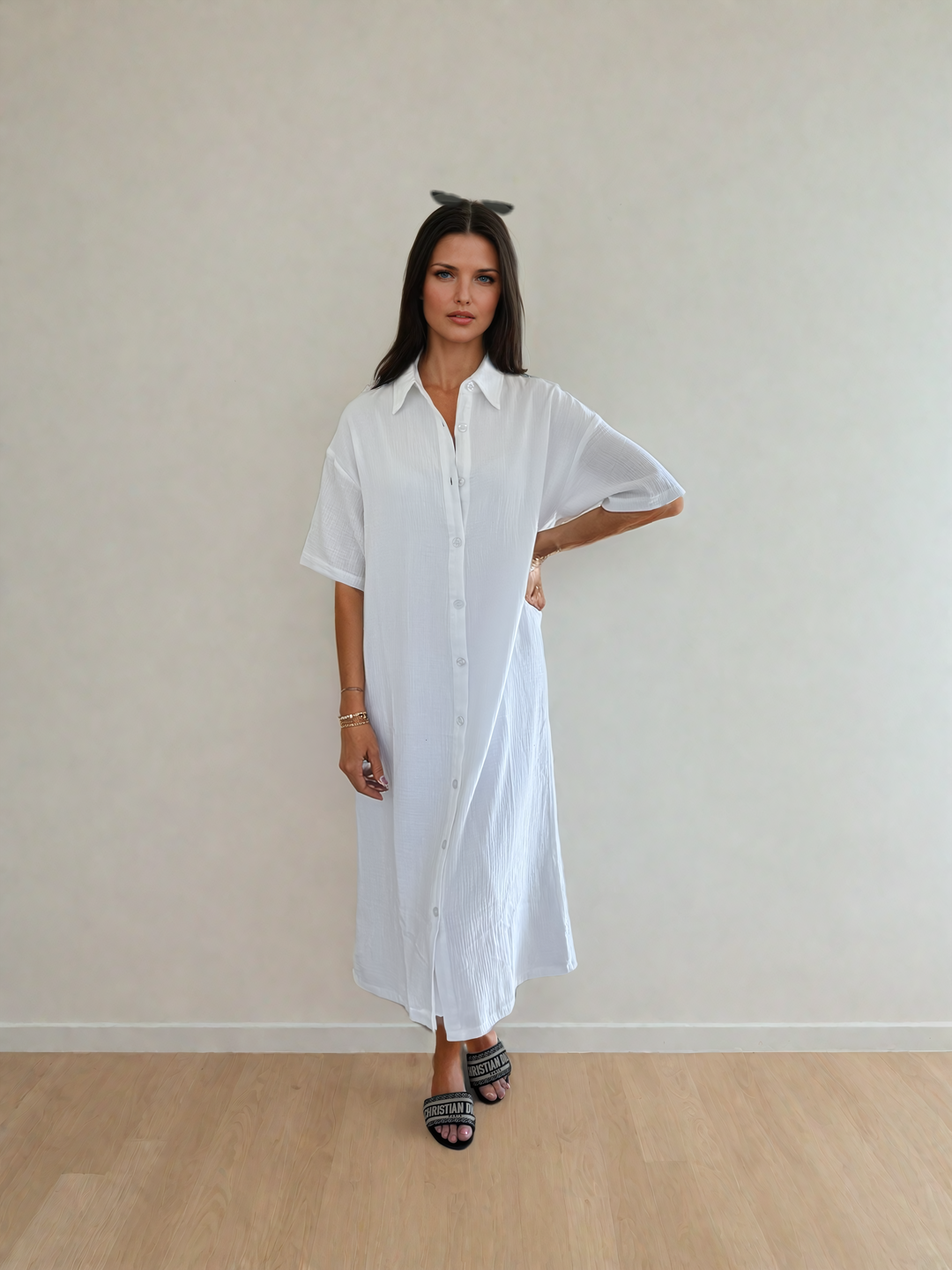 Mori Button Up Dress in White