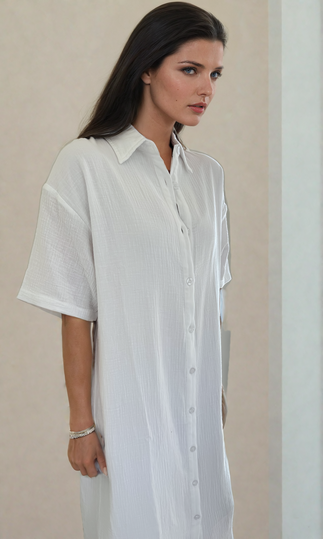 Mori Button Up Dress in White